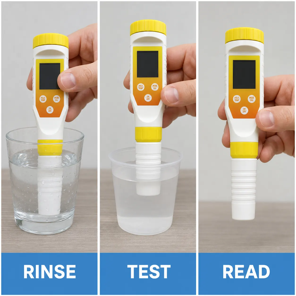 Digital Water Quality Tester setup and use views